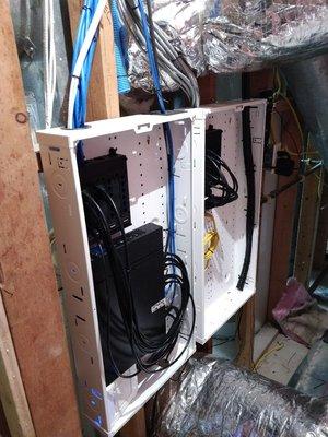 Whole house basement networking, whole house rewire, switch, phone and ethernet patch panel, modem, coaxial cable, Wire Enclosure