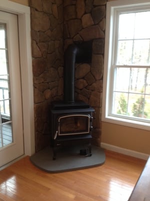 Cultured stone back and bluestone custom hearth in Chester NH