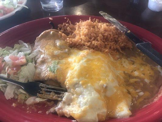 Chili Relleno, enchiladas and rice and beans! Taco too