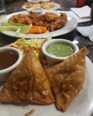 Delicious appetizers.... Somosa's, buffalo wontons, and crunchy chicken tenders. So yummy!