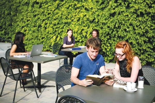 The piazza in front of the historic Yucca tower is a year-round gathering place for students to socialize. www.amda.edu