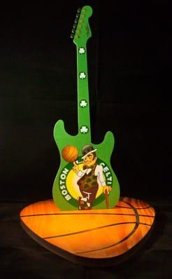 Celtics guitar sculpture- airbrushed on laser cut wood.