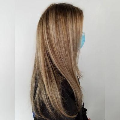 Side view of the fall blonde. She came in very light blonde from the summer and wanted a change for fall/winter.