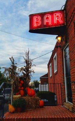 Fall decorations outside the bar entrance.