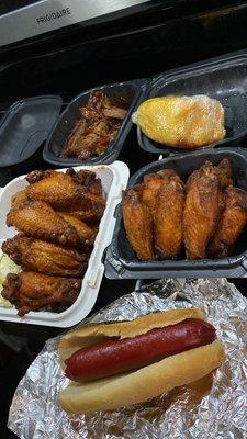 Old bay wings, hot wings, brisket, dog and cornbread