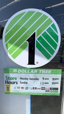 Dollar tree hrs as of 6/7/24 Mon-sat 9-am-9-pm Sunday 10-am-9-pm