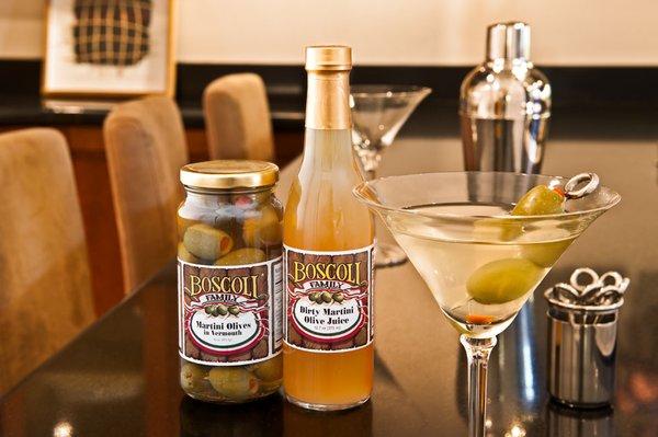 Boscoli Family Dirty Martini Olive Juice and Martini Olives are the perfect compliments to your Dirty Martini