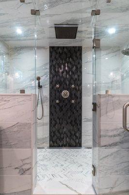 Feature wall in Master Bath uses Jeffrey Court's elongated hexagonal tiles.