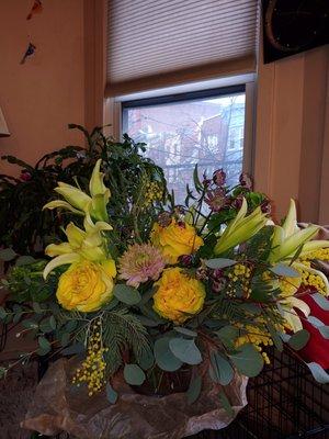 Yellow rose and Lily bespoke bouquet from Walter Pine Flower Shop.