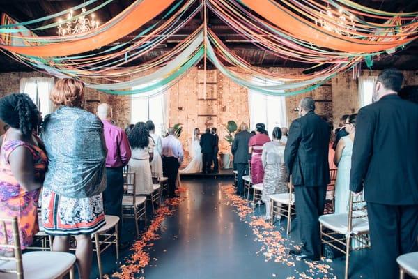 Ribbon ceiling, rose walkway and alter