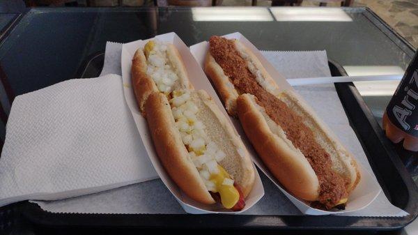 The Mustard & Onion with The Chili Mustard & Onion Dog