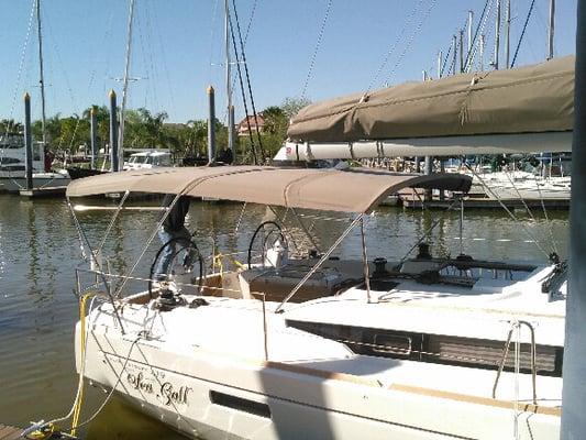 Custom bimini and frame being installed on the "SEA GULL"