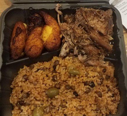 Large Carribean Platter with rice, jerk pork, and sweet plantains