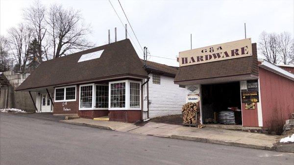 The storefront and utility garage.