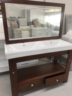 48'Amber Red Bathroom Vanity, Double Sinks and Mirror.