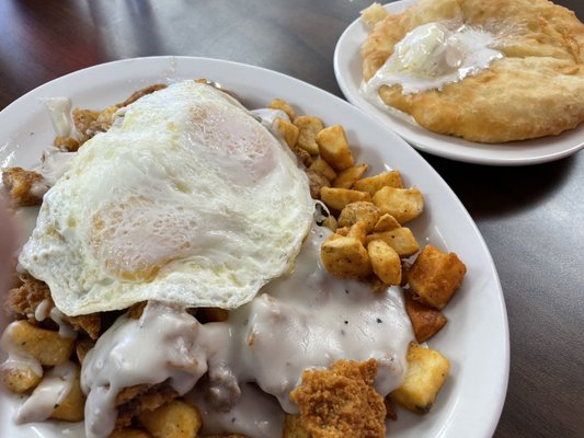 Cross Country Platter- delicious crispy Chicken Fried Steak, country potatoes, and a deliciously, fluffy yet crispy fried scone!