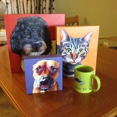 Pet portraits in 6x6, 8x10, and 12x12 shown together for scale.