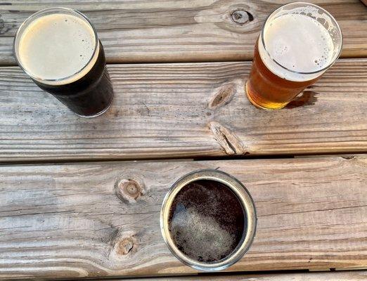 What's on tap? Tasty hop forward IPA, Dark Lager, and and kickin' stout!