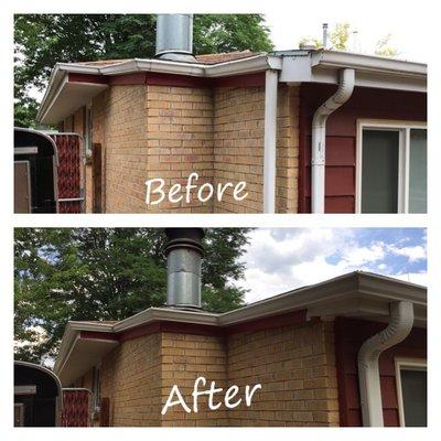 We're creative problem solvers! Eliminated 1 downspouts and connects a corner with a custom miter.