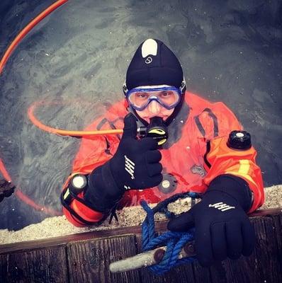 One of our many cold weather dry suits we utilize for winter diving.