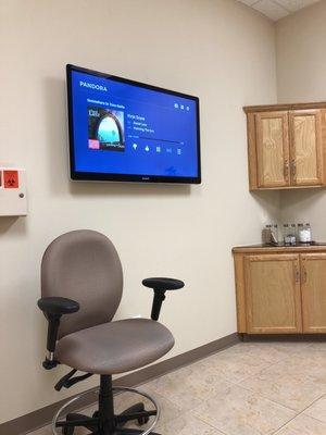 Instrumental music is played for patients from Pandora while patients wait in the smaller waiting rooms.