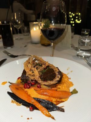 Short rib with mashed sweet potatoes and glazed carrots