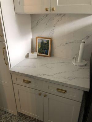 After ZC counters install. Beautiful quartz countertop and backsplash. Quartz is Calacatta Ivy 2 CM.