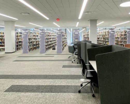 Stacks of books and desks