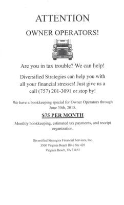 This opportunity expires June 30th, 2015! So if you know a owner operator that is stressed over taxes and bookkeeping issues,...