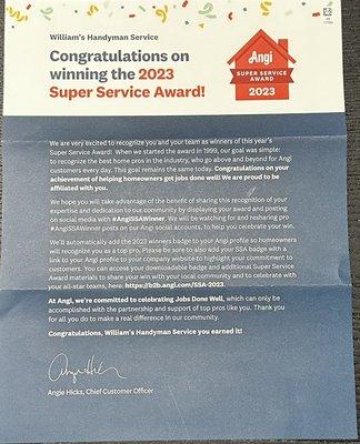 Angi's List Super Service Award 2023