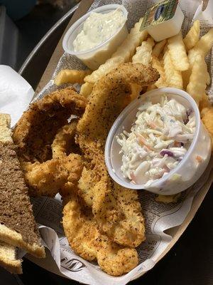 Perch Fish Fry w/ Homemade coleslaw, fries and marble rye from our local Bakery.