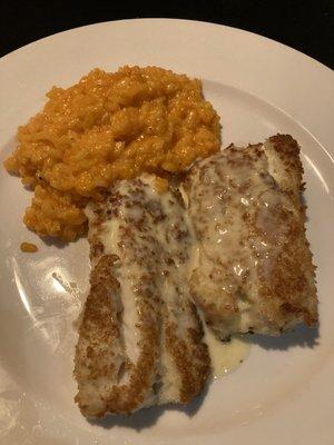 Potato encrusted scrod with a side of red pepper risotto