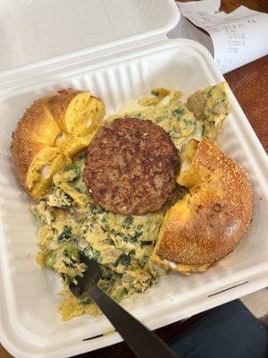 Vegetable Omelette with Turkey sausage and egg bagel