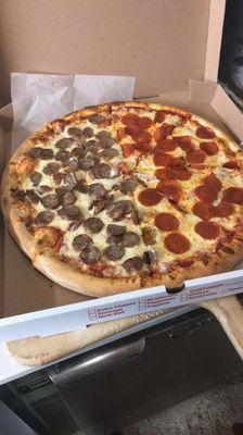 Large pie, half Pepperoni and half sausage.