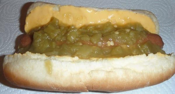 Green chile cheese dog with bacon, YUM!