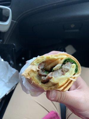 Sausage, egg, spinach, and pepper Jack cheese breakfast wrap (multiple wrap options including flour, tomato, spinach tortillas)