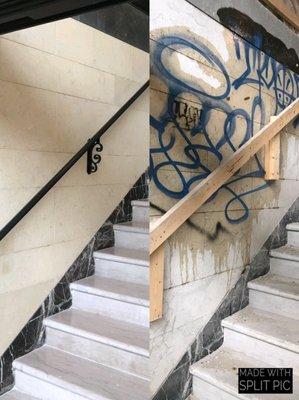 Before and after of grand staircase at Metropolitan Building Detroit Mi