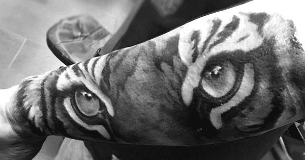 Black and Grey Realism Tiger Eyes Tattoo