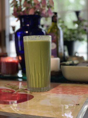 Drinking green smoothies loaded with nutrients to give you energy and vibrancy. So good for your skin.