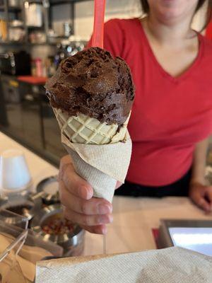 Dark chocolate gelato in waffle cone - they make their flavors fresh daily as well as all their pastries.