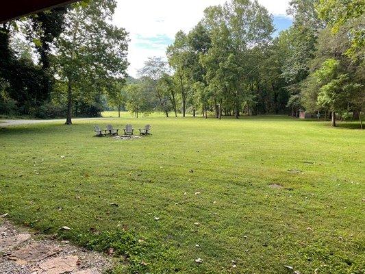 Private yard in front of cabin surrounded by trees