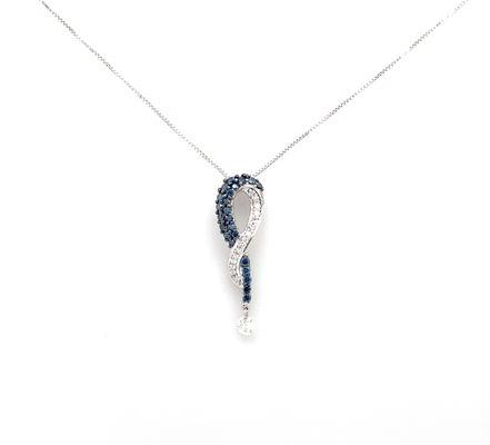 14k white gold blue diamond pendant.