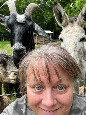 My selfie with Dude the Donkey, who I named clover because I fed him a handful everyday.