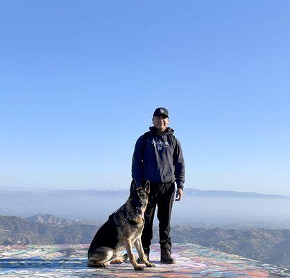 Owner(Erik) and his German shepherd Hercules on top of the Topanga lookout.