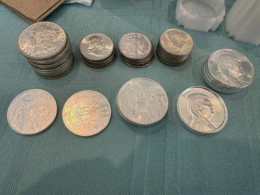 Morgan silver dollars, walking liberty half silver dollars, Silver Franklin half dollars, Kennedy Silver Halves, Silver Rounds