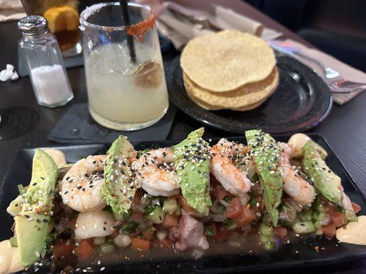 Fish tostadas scallops. Shrimp and octopus and yummy stuff!