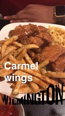 Carmel wings with fries and Mac and cheese