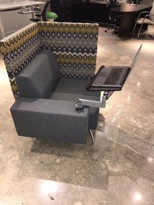 Kimball Pairings club chair with tablet arm & screen.