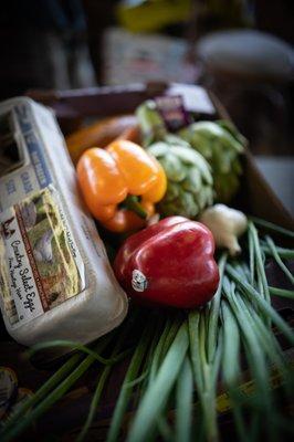 Fresh produce and pasture raised eggs.