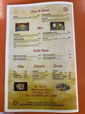 Back of menu